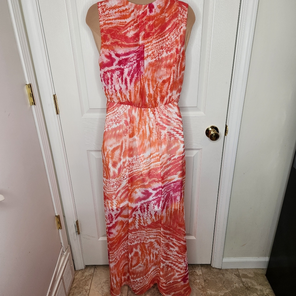 Calvin Klein Maxi Sleeveless Dress Orange Pink Tie Dye Print Size 4 - Picture 5 of 9